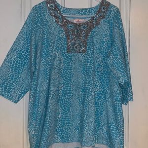 Quacker Factory 2X Aqua sequin embellished top
